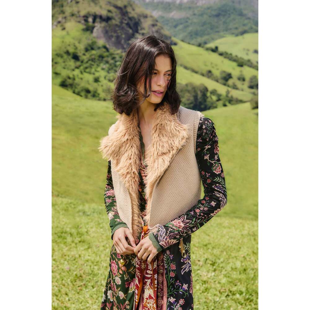 Beige Fur Sleeveless Knit Vest